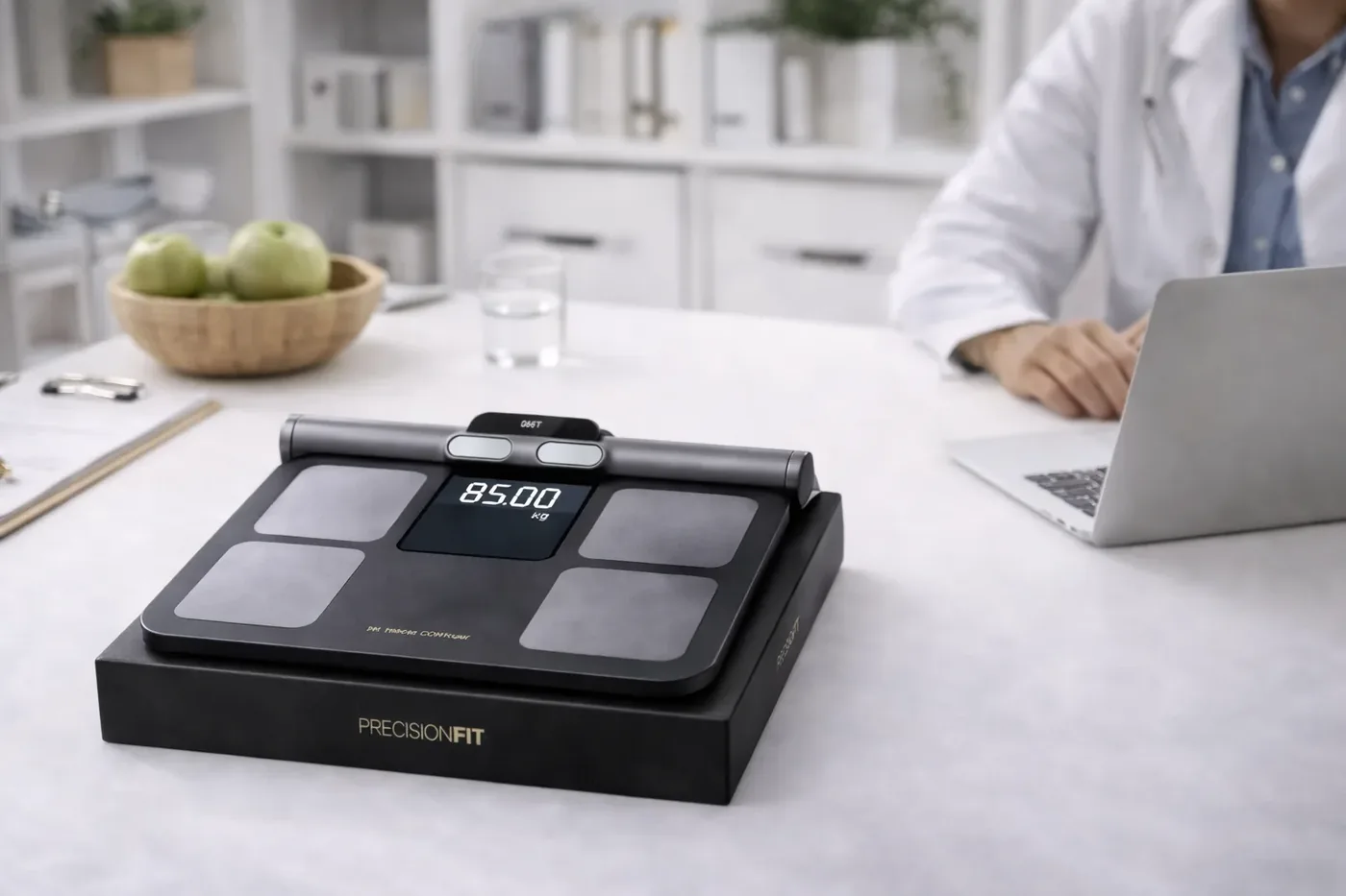 Nutricionista no consultório com a PrecisionFIT 980 PRO BT sobre a mesa