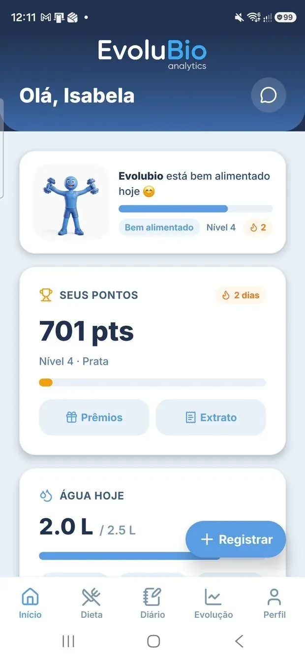 Tela inicial do app do paciente EvoluBio com pontos e registro de água