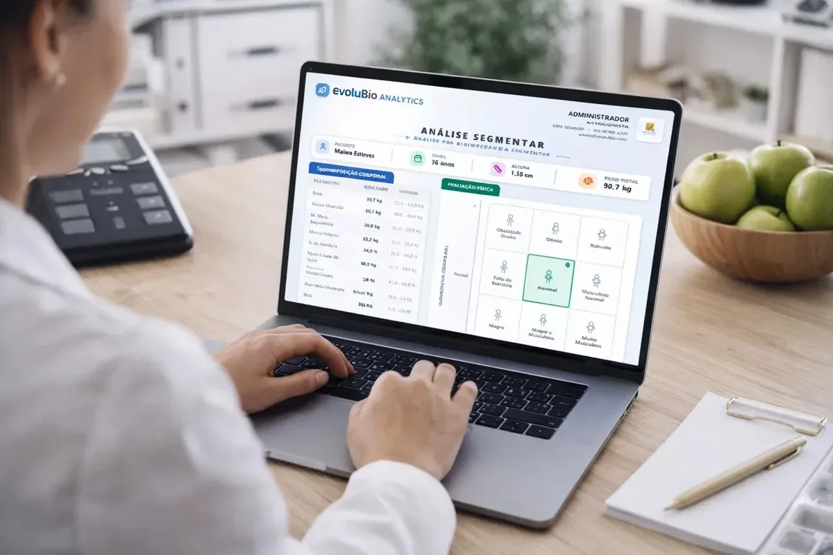 Notebook com a análise segmentar do EvoluBio aberta na mesa do consultório